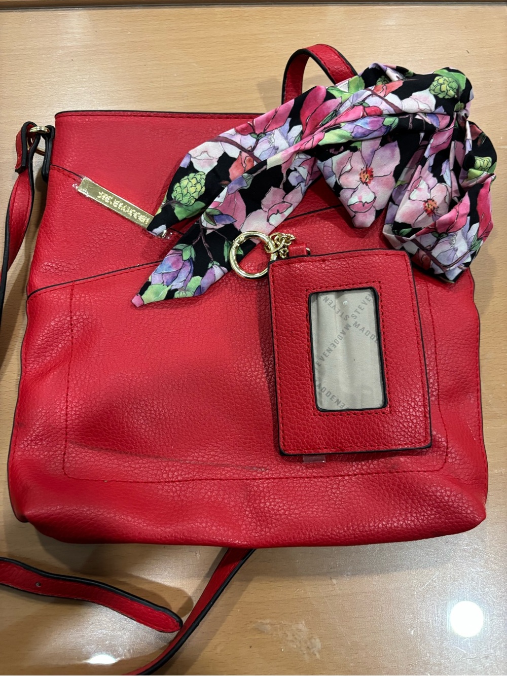 Steve Madden Red Crossbody Bag with Floral Scarf Accent